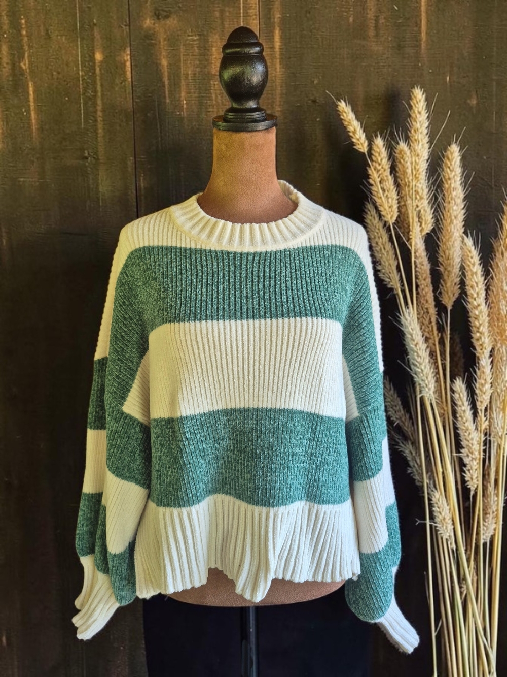 Altar'd State Green and Cream Striped Crewneck Sweater